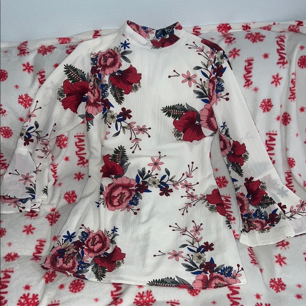 YOINS Red and White Floral Ruffled 3/4 Sleeve Maxi Dress
